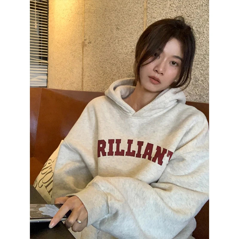 Korean Style Oversized Hoodie - Women's Grey & White Pullover Sweatshirt