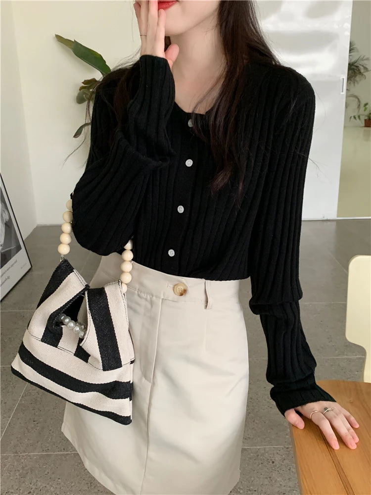 Korean Style Polo Collar Knit Cardigan - Women's Elegant Layering Sweater