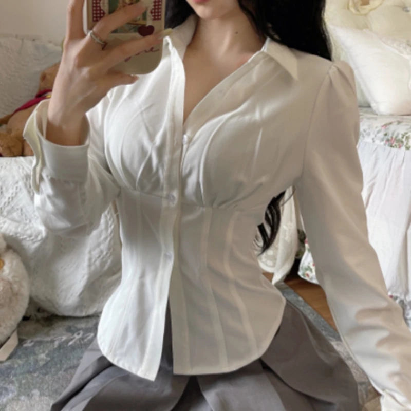 Korean Style White Shirt - Women's Slim Fit Long Sleeve Blouse