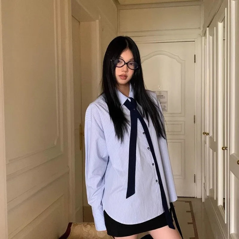 Korean Style Blue Striped Shirt - Women's Embroidered Long Sleeve Blouse