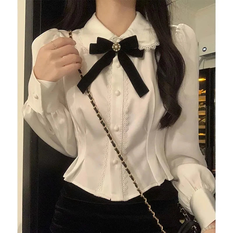 Korean Style White Lace Blouse - Elegant Peter Pan Collar Shirt with Bow Detail