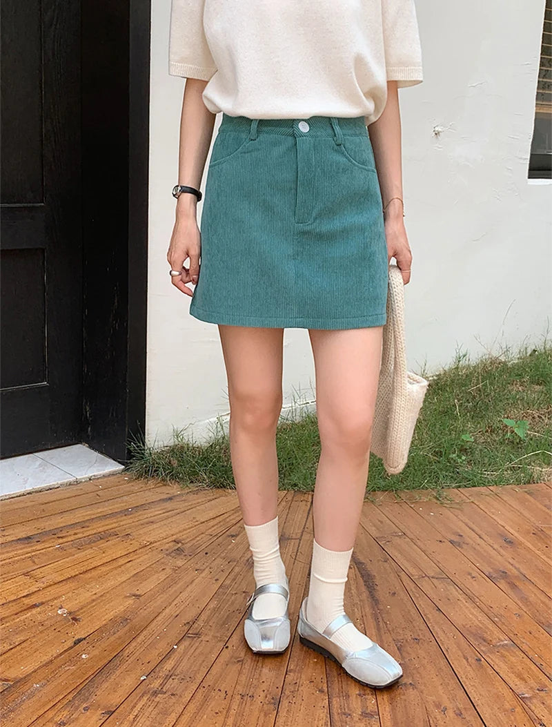 Korean Style High Waist Corduroy Mini Skirt - A-Line Vintage College Skirt with Pockets