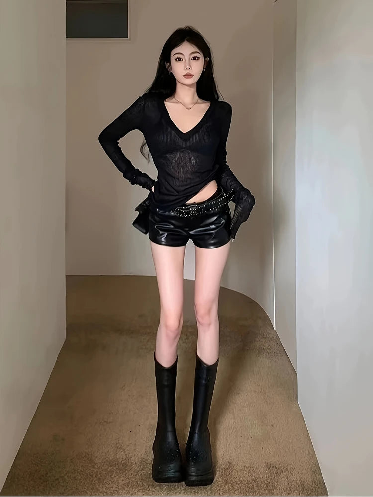 Korean Style V-Neck Long Sleeve Top - Slim Fit Semi-Sheer Women's T-Shirt