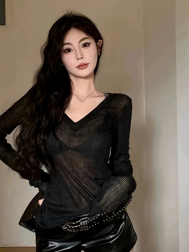 Korean Style V-Neck Long Sleeve Top - Slim Fit Semi-Sheer Women's T-Shirt