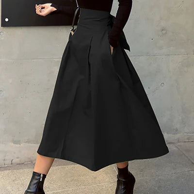 Korean Style High Waist A-Line Maxi Skirt - Elegant Lace-Up Long Skirt
