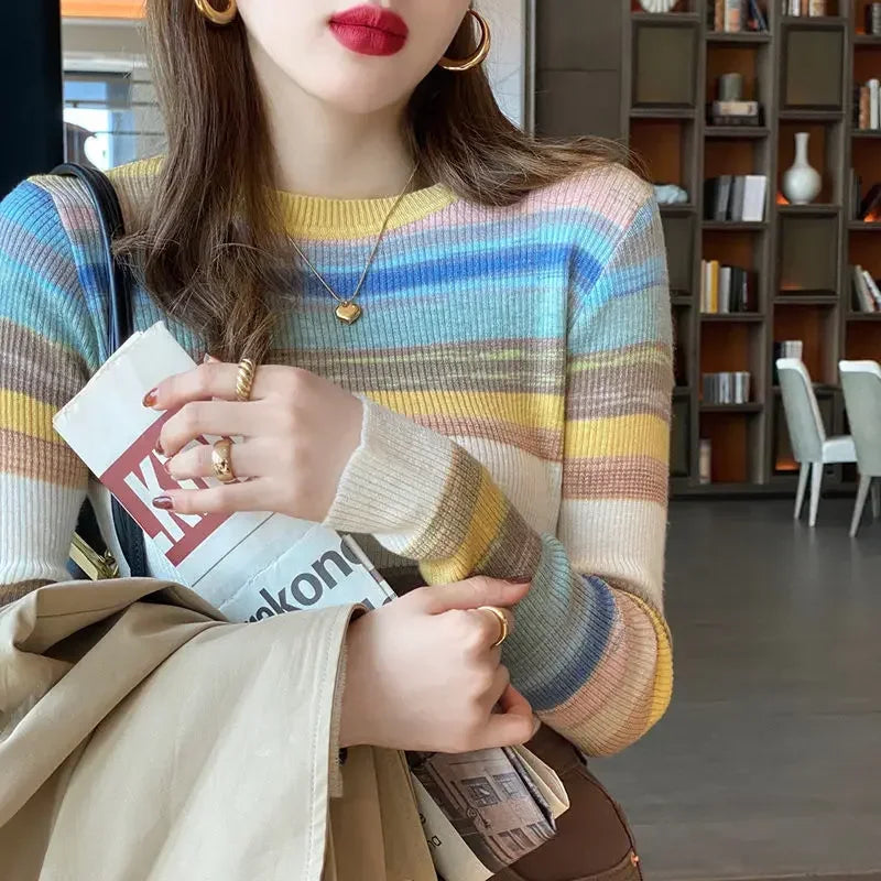Korean Style Striped Long Sleeve Top - Women's Slim Fit T-Shirt