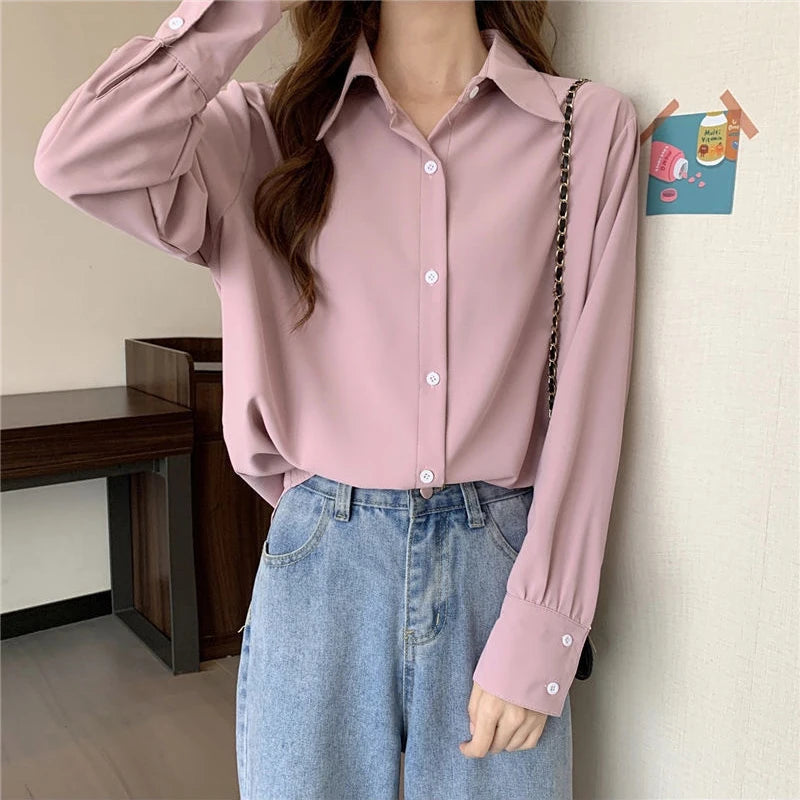 Korean Style White Chiffon Blouse - Elegant Long Sleeve Shirt for Women