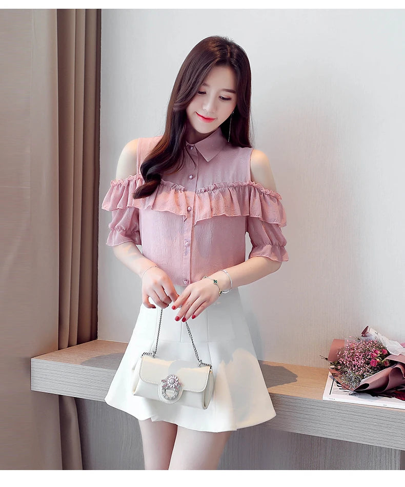 Korean Style Off-Shoulder Chiffon Blouse - Ruffle Sleeve Summer Top