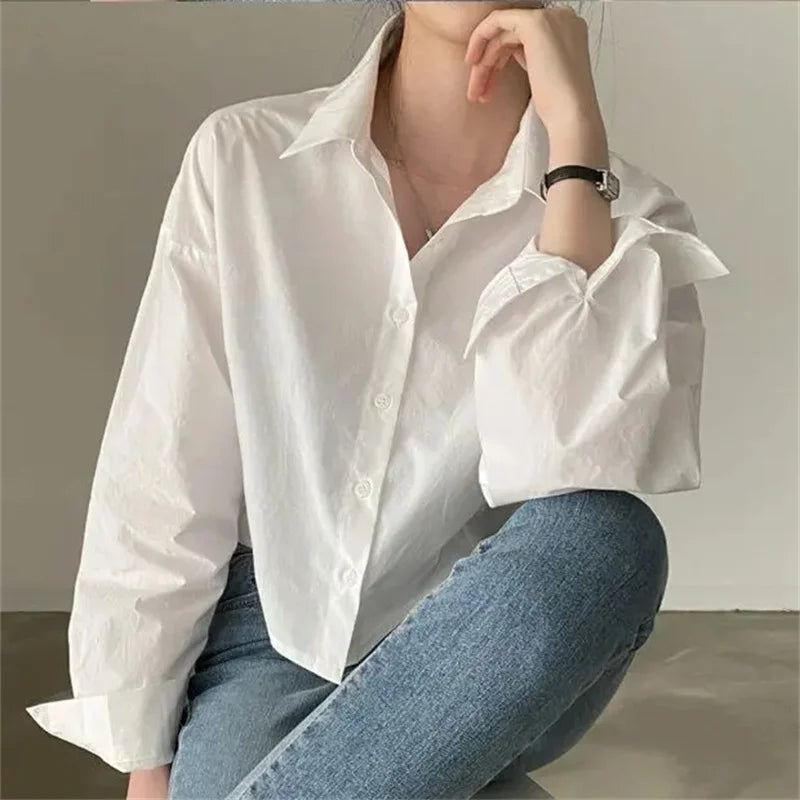 Korean Style White Button-Up Blouse - Women's Long Sleeve Casual Shirt