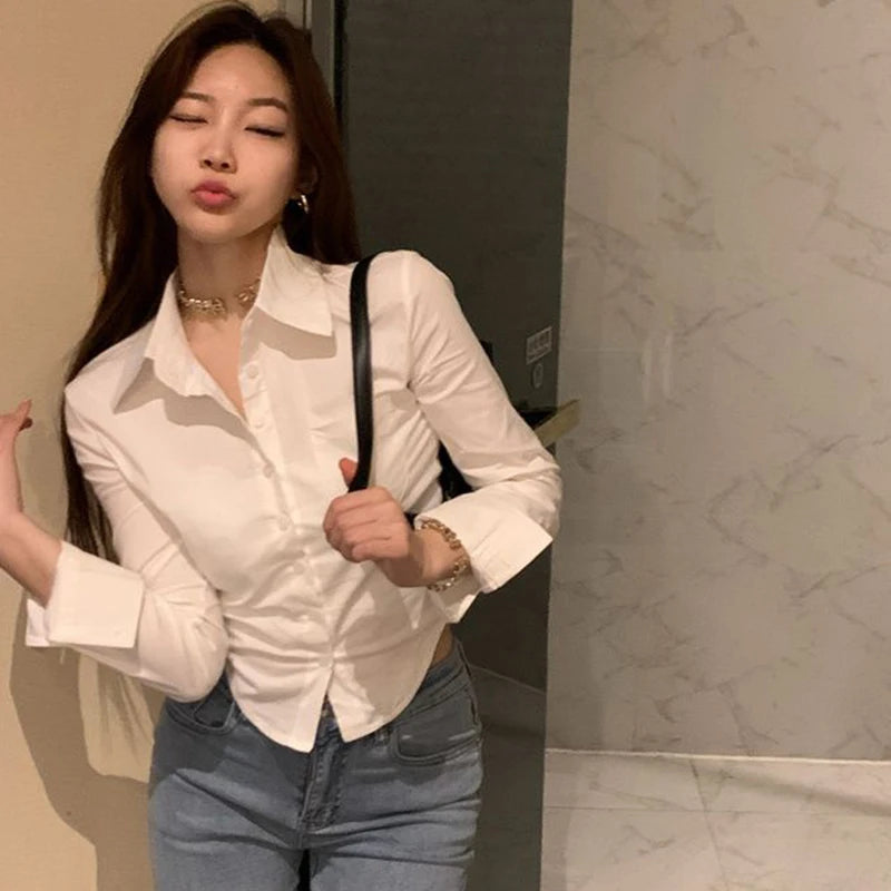 Korean Style Women's Slim Fit Cropped Blouse - Elegant Y2K Streetwear Shirt