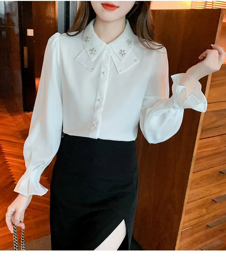 Korean Style Chiffon Blouse - Elegant Long Sleeve White Shirt for Women