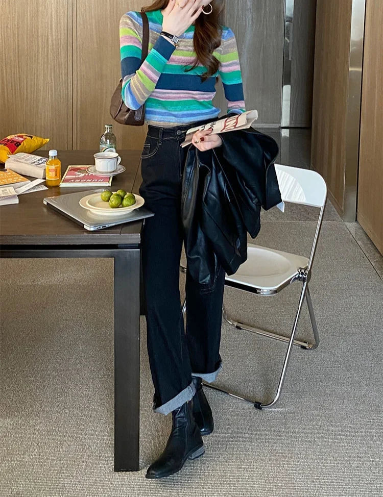 Korean Style Striped Long Sleeve Top - Women's Slim Fit T-Shirt