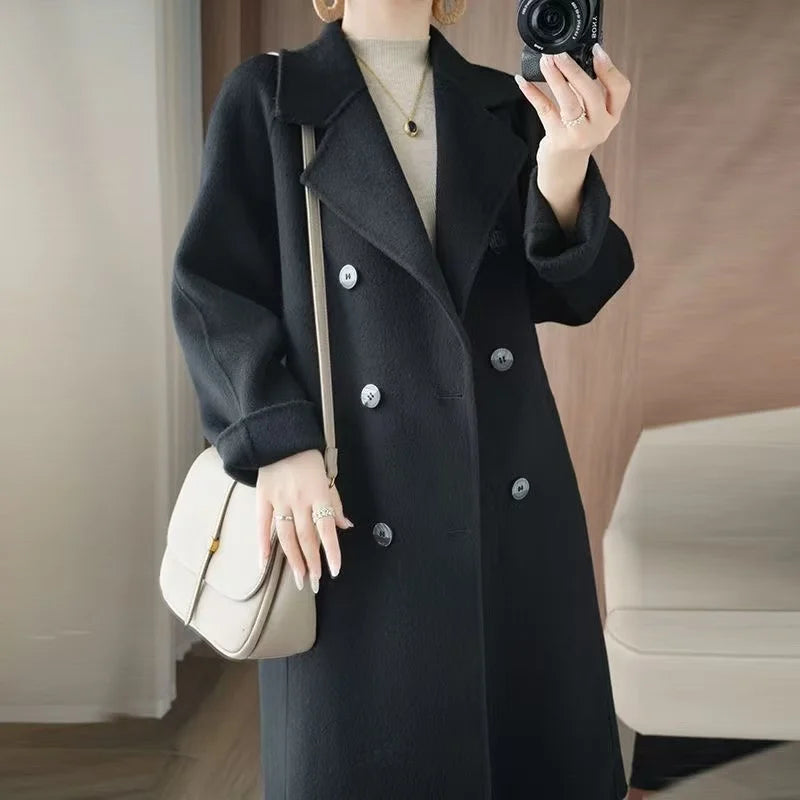 Korean Style Wool Coat - Women's Double-Breasted Mid-Length Winter Jacket