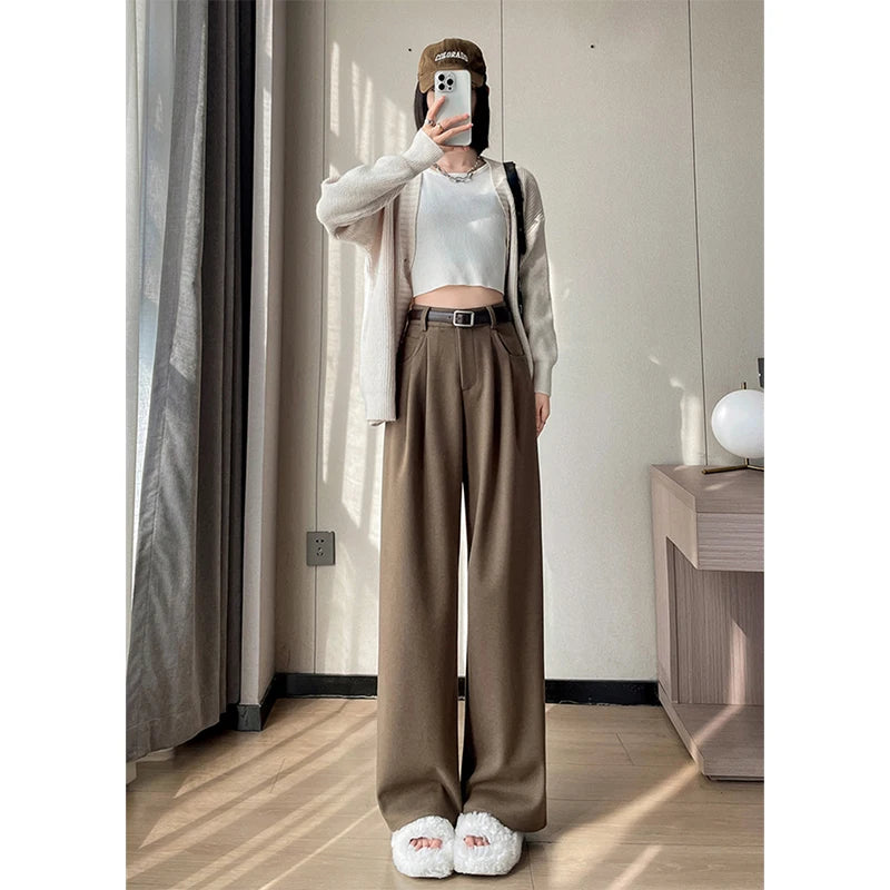 MEXZT Woolen Wide Leg Pants Women Streetwear Belt Fleece Baggy Black Suit Pants Winter Korean Fashion Casual Straight Trousers