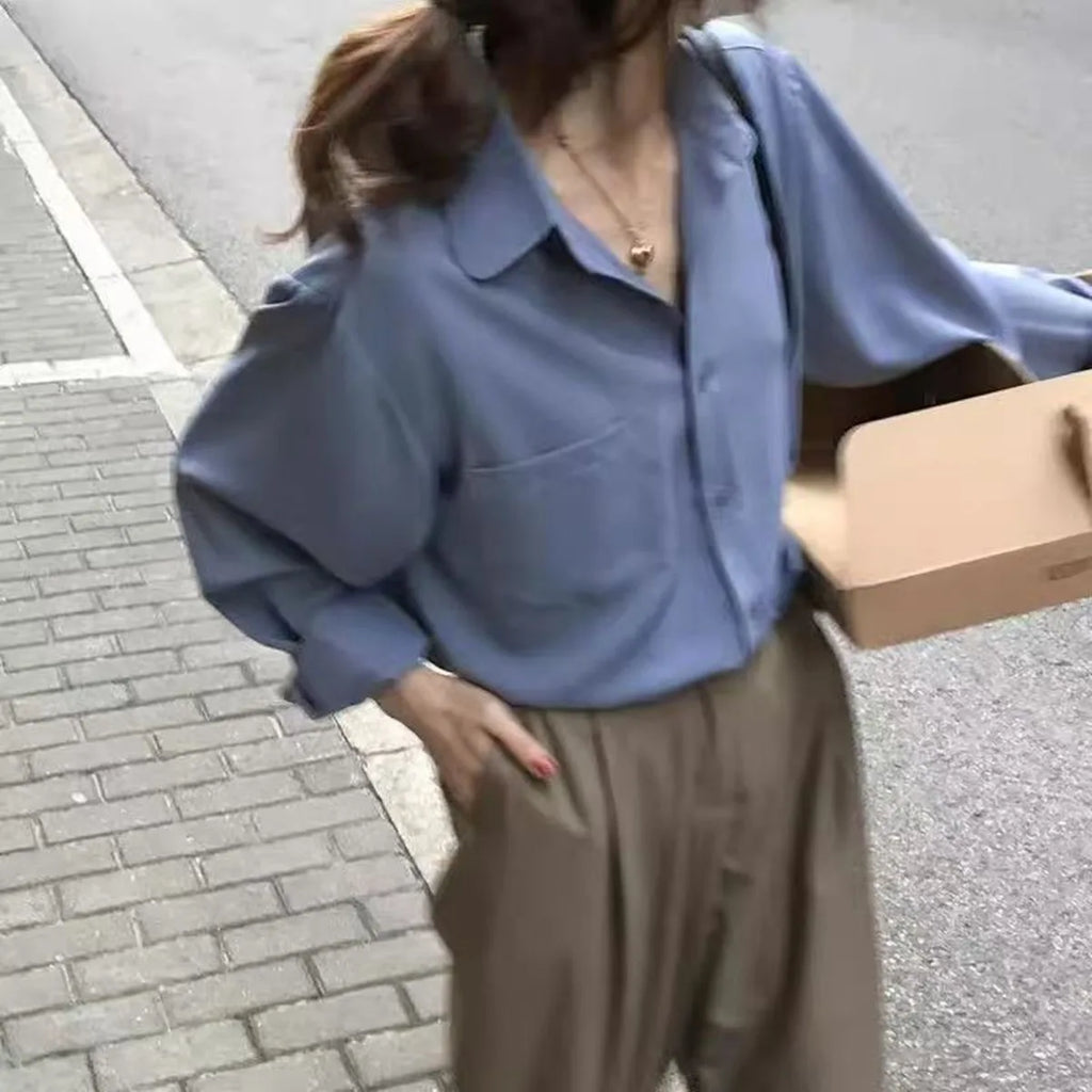 Women's Long Sleeve Shirt - Elegant Office Shirt with Pockets