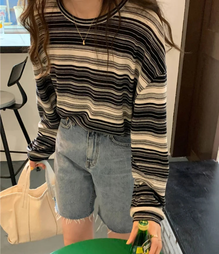 Korean Style Vintage Striped Long Sleeve T-Shirt - Women's Loose Fit Top