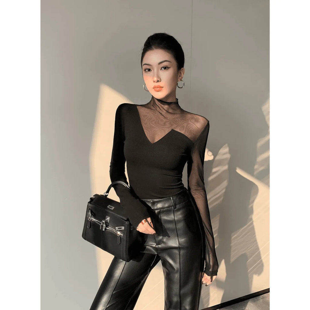 Korean Style Mesh Panel Long Sleeve Top - Elegant Black Sheer Patchwork Tee