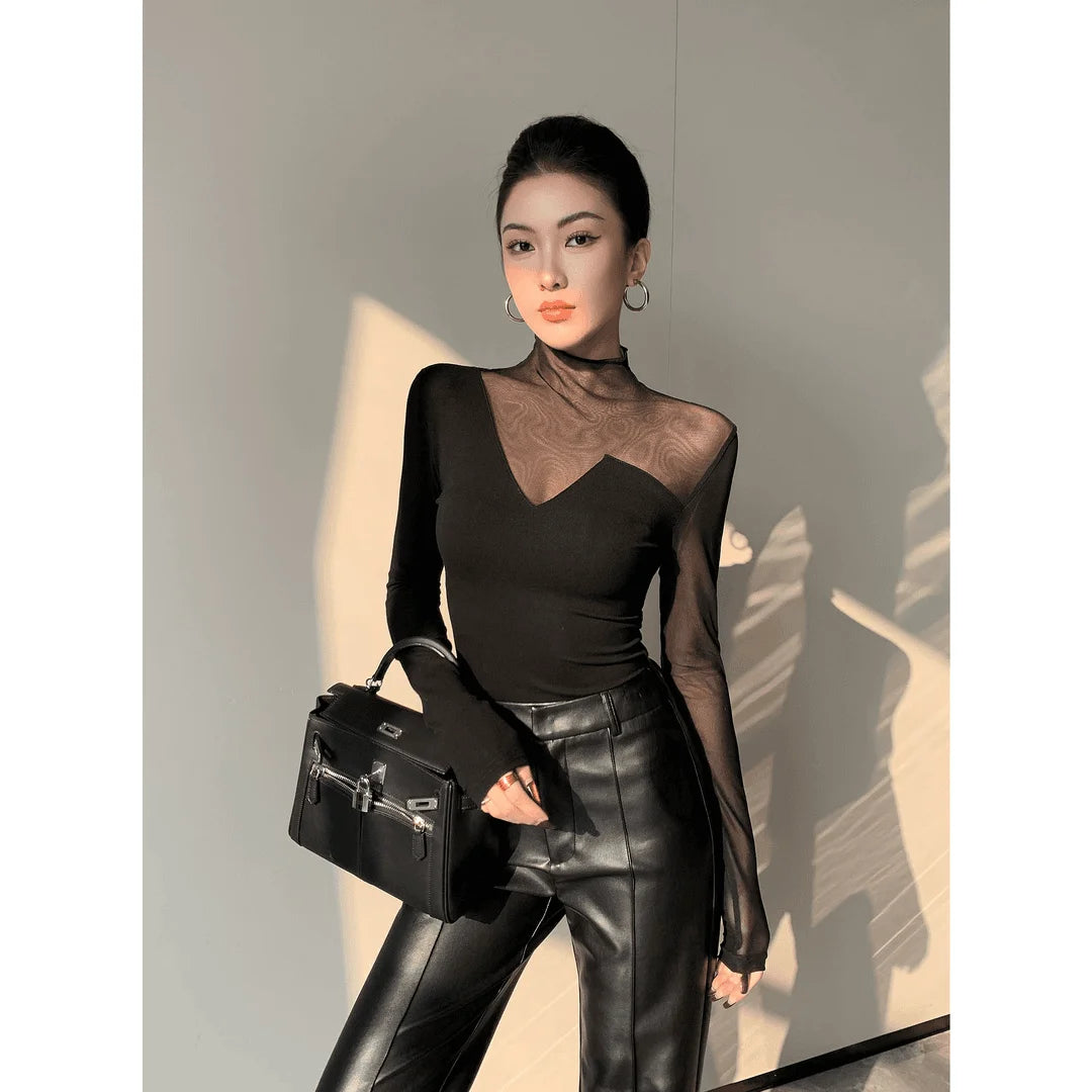 Korean Style Mesh Panel Long Sleeve Top - Elegant Black Sheer Patchwork Tee