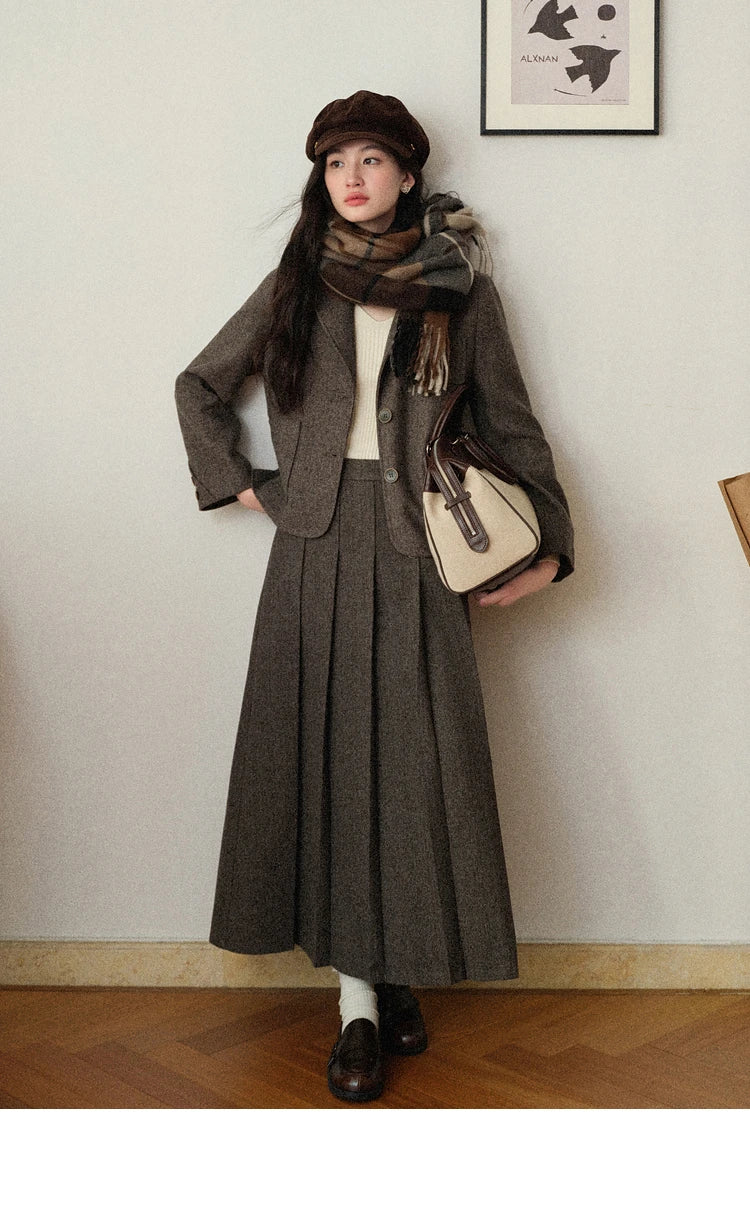 Korean Style Pleated Wool Skirt - Elegant High-Waist A-Line Midi Skirt for Women