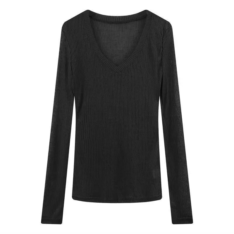 Korean Style V-Neck Long Sleeve Top - Slim Fit Semi-Sheer Women's T-Shirt