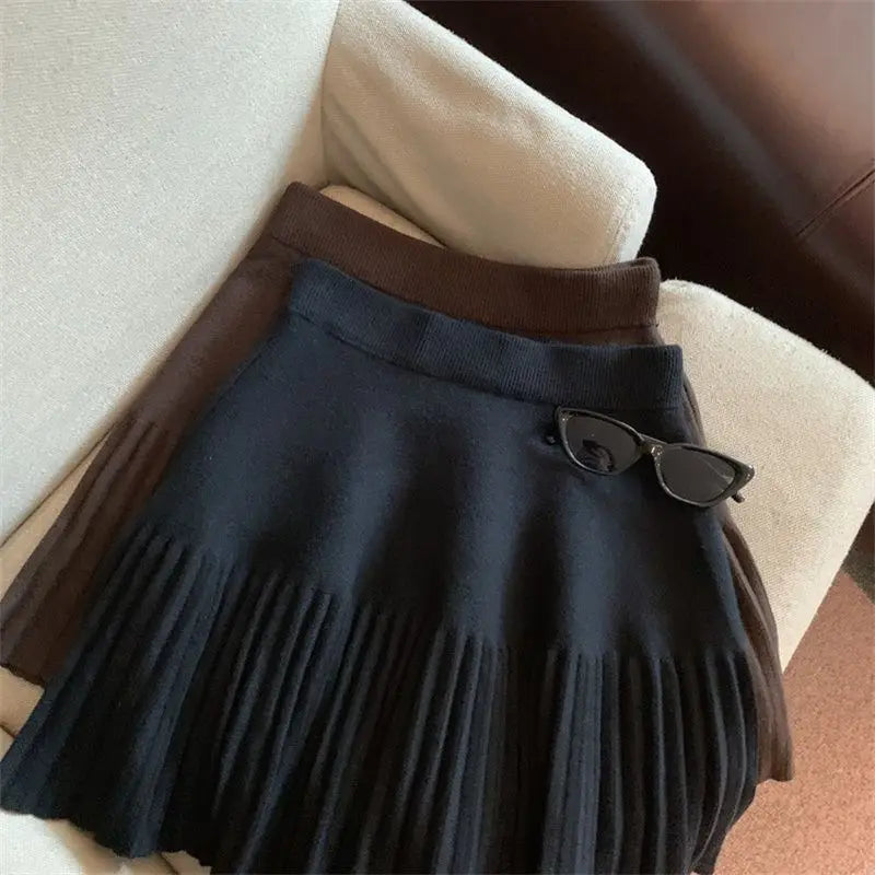 Korean Style Pleated Knit Mini Skirt - High Waist A-Line Skirt for Women