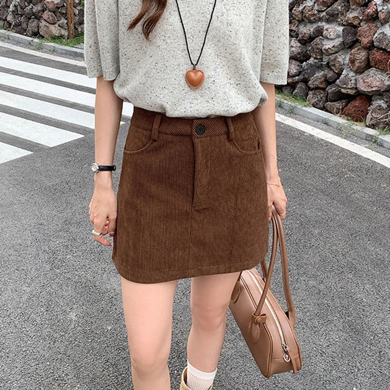 Korean Style High Waist Corduroy Mini Skirt - A-Line Vintage College Skirt with Pockets