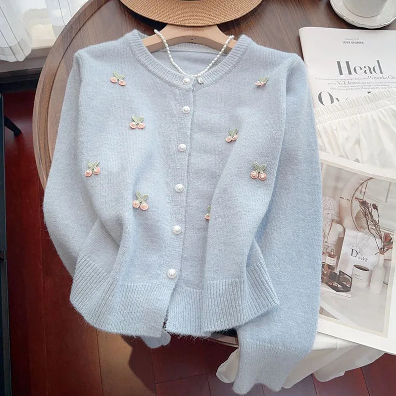 Korean Style Pearl Embellished Cardigan - Women's Knit Sweater