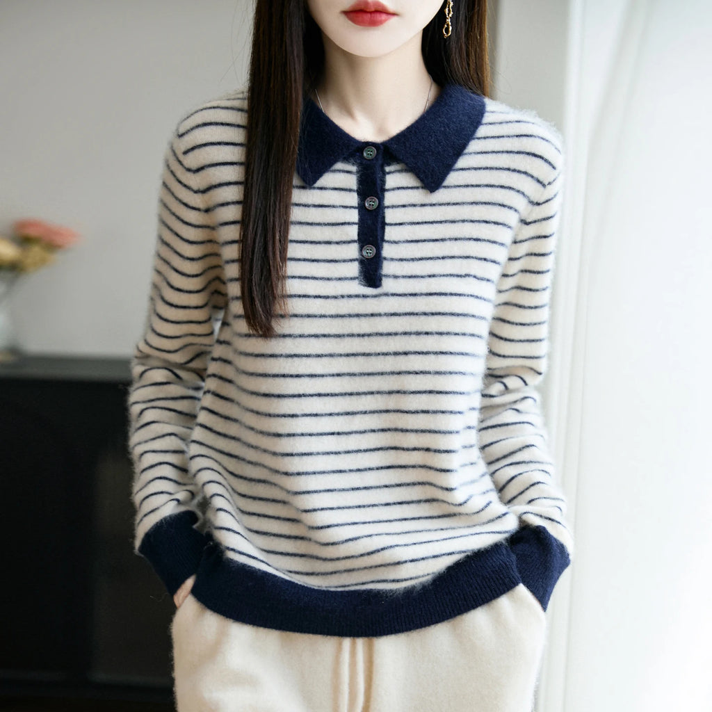 Korean Style Wool Polo Neck Jumper - Striped Knit Pullover for Women
