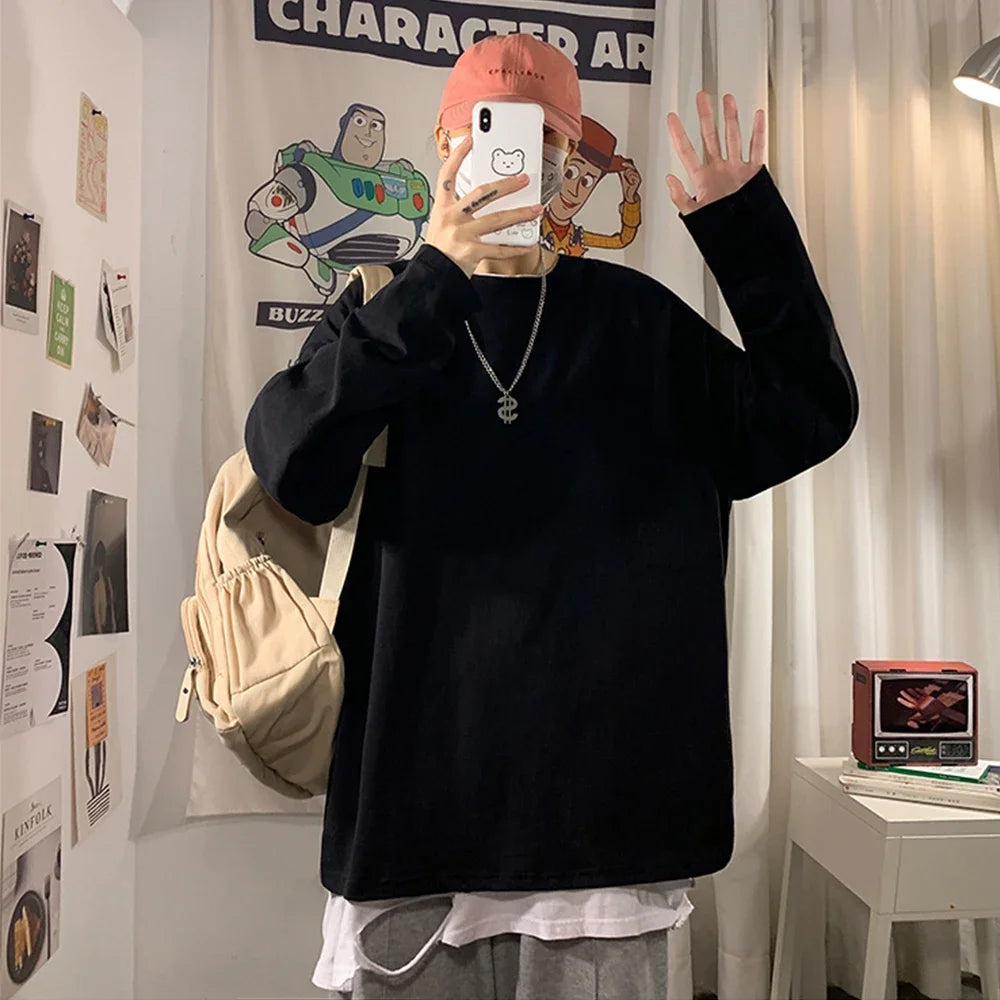 Korean Style Oversized Long Sleeve T-Shirt for Women - Casual Cotton Tee