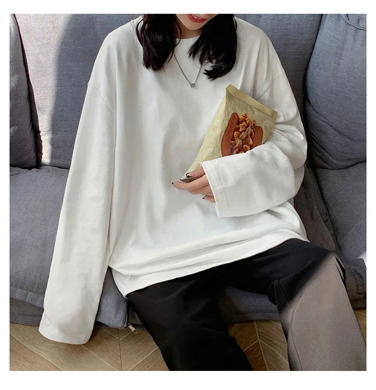 Korean Style Oversized Long Sleeve T-Shirt for Women - Casual Cotton Tee