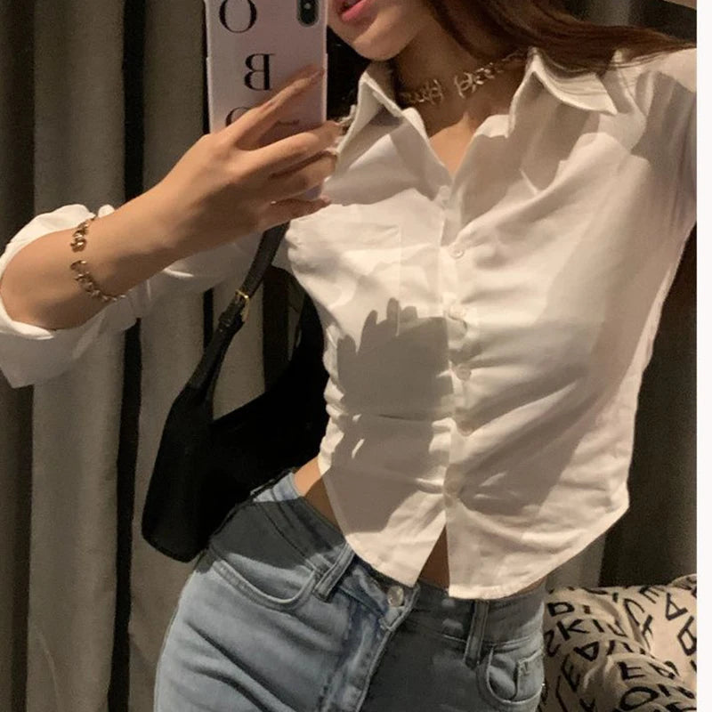 Korean Style Women's Slim Fit Cropped Blouse - Elegant Y2K Streetwear Shirt