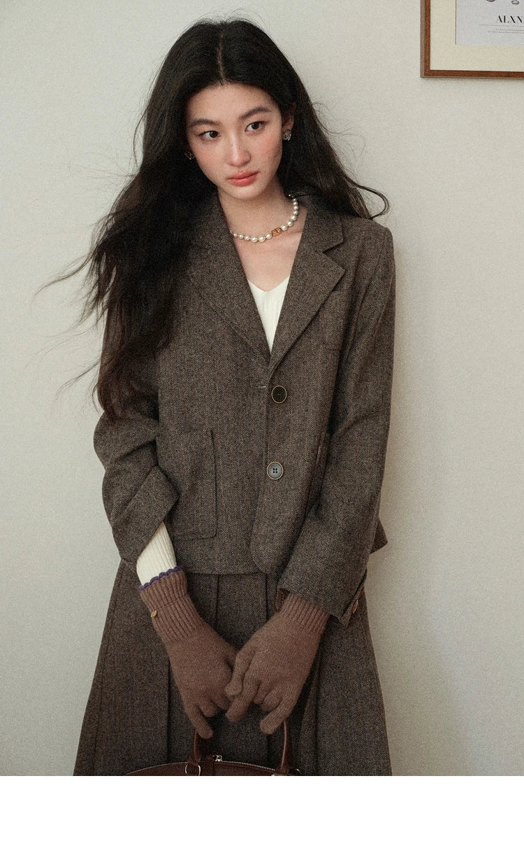 Korean Style Pleated Wool Skirt - Elegant High-Waist A-Line Midi Skirt for Women