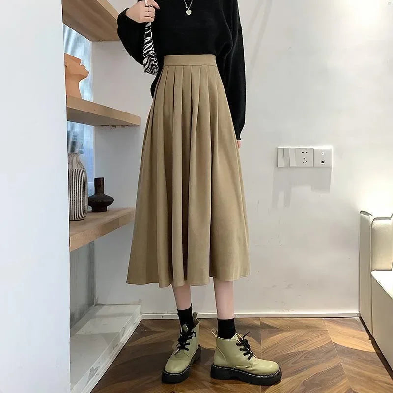 Korean Style Pleated Midi Skirt - Vintage Brown High Waist A-Line Skirt