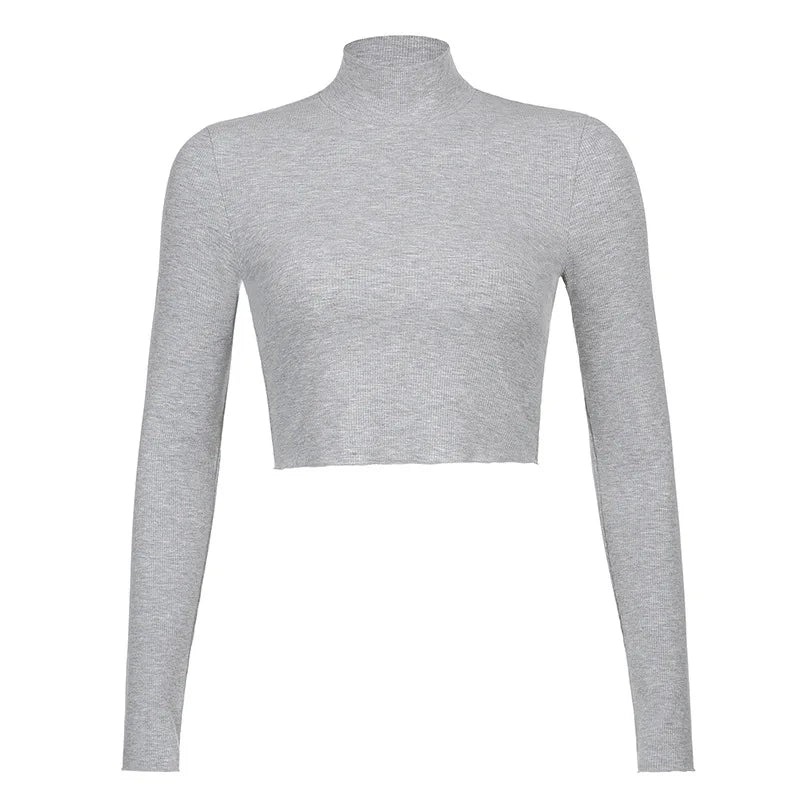 Korean Style Nude Turtleneck Cropped Top - Long Sleeve Fitted T-Shirt