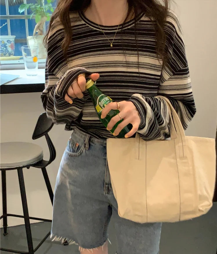 Korean Style Vintage Striped Long Sleeve T-Shirt - Women's Loose Fit Top