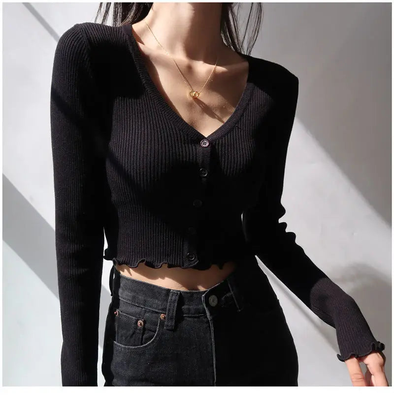 Korean Style Cropped Knit Cardigan - V-Neck Ruffle Hem