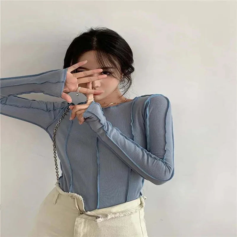 Korean Style Long Sleeve Top - Slim Fit with Contrast Line Detail