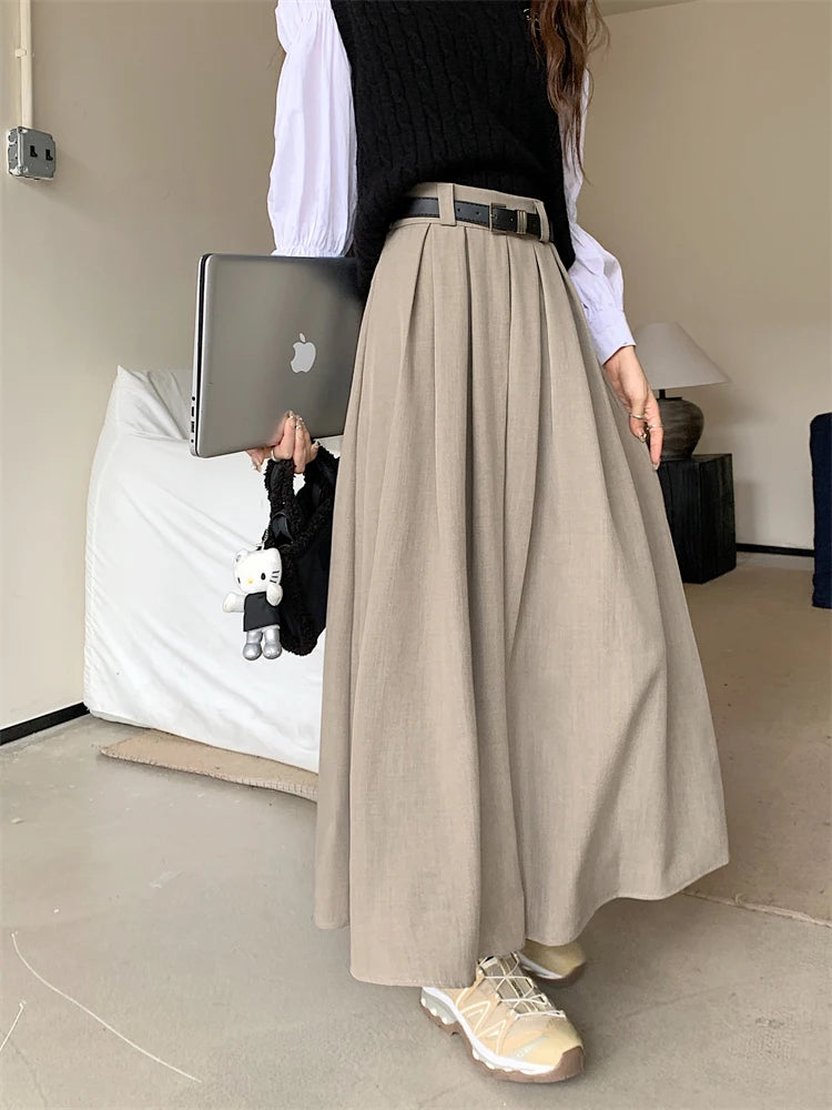 Korean Style Pleated Midi Skirt - A-Line High Waist Swing Skirt for Women