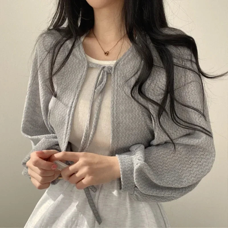 Korean Style White Cardigan - Women's Summer Lightweight Lace-Up Knitwear