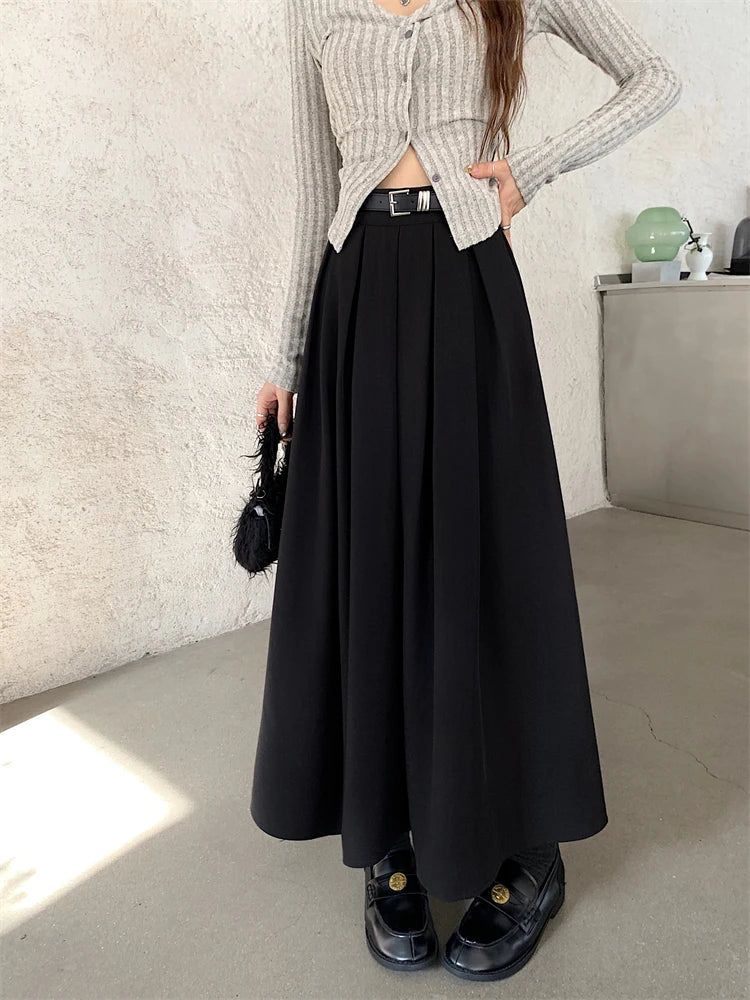Korean Style Pleated Midi Skirt - A-Line High Waist Swing Skirt for Women