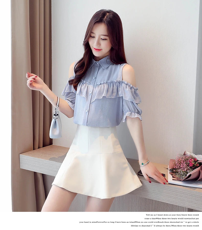 Korean Style Off-Shoulder Chiffon Blouse - Ruffle Sleeve Summer Top