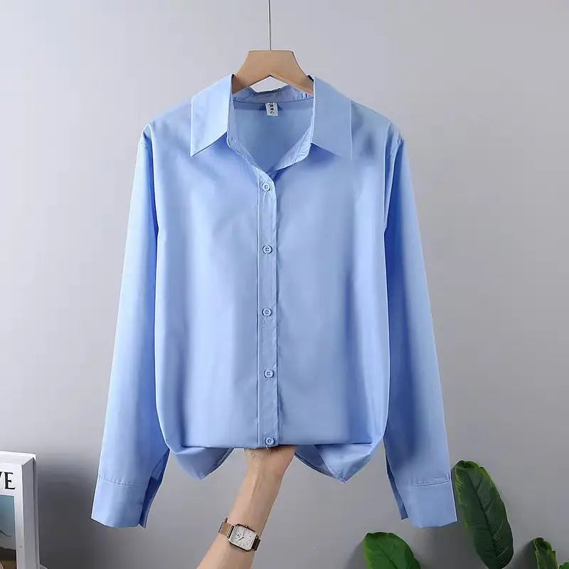 Korean Style Blue Shirt - Women's Long Sleeve Button-Up Blouse