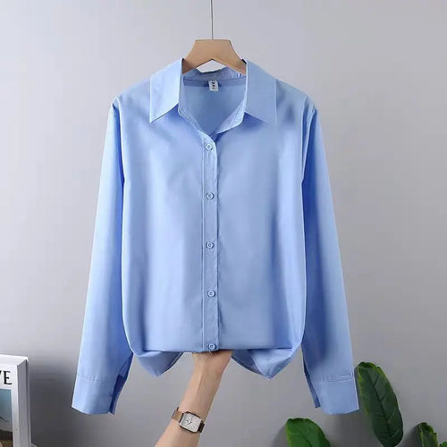 Korean Style Blue Shirt - Women's Long Sleeve Button-Up Blouse