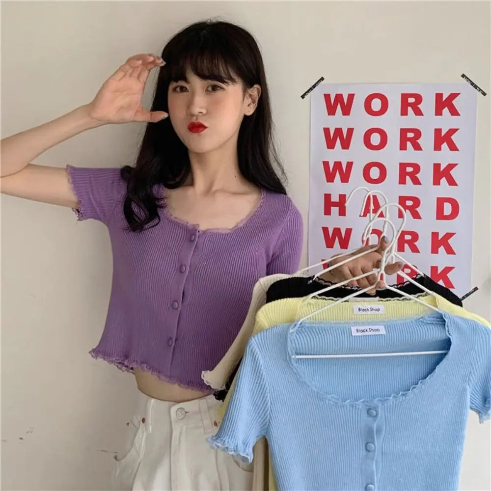 Korean Style Lace Knit Cardigan - Women's Slim Fit Button-Up Top