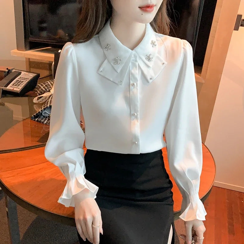 Korean Style Chiffon Blouse - Elegant Long Sleeve White Shirt for Women