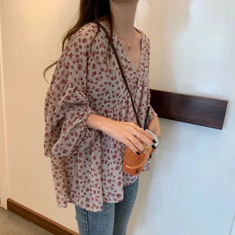 Korean Style Floral Chiffon Blouse - V-Neck Long Sleeve Women's Shirt
