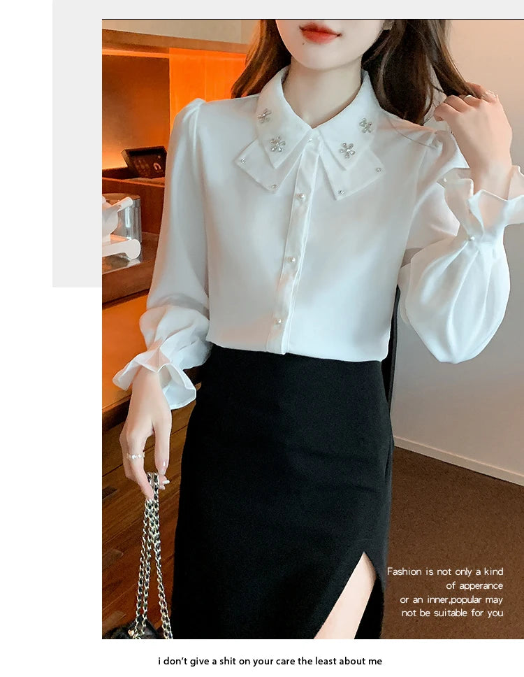 Korean Style Chiffon Blouse - Elegant Long Sleeve White Shirt for Women
