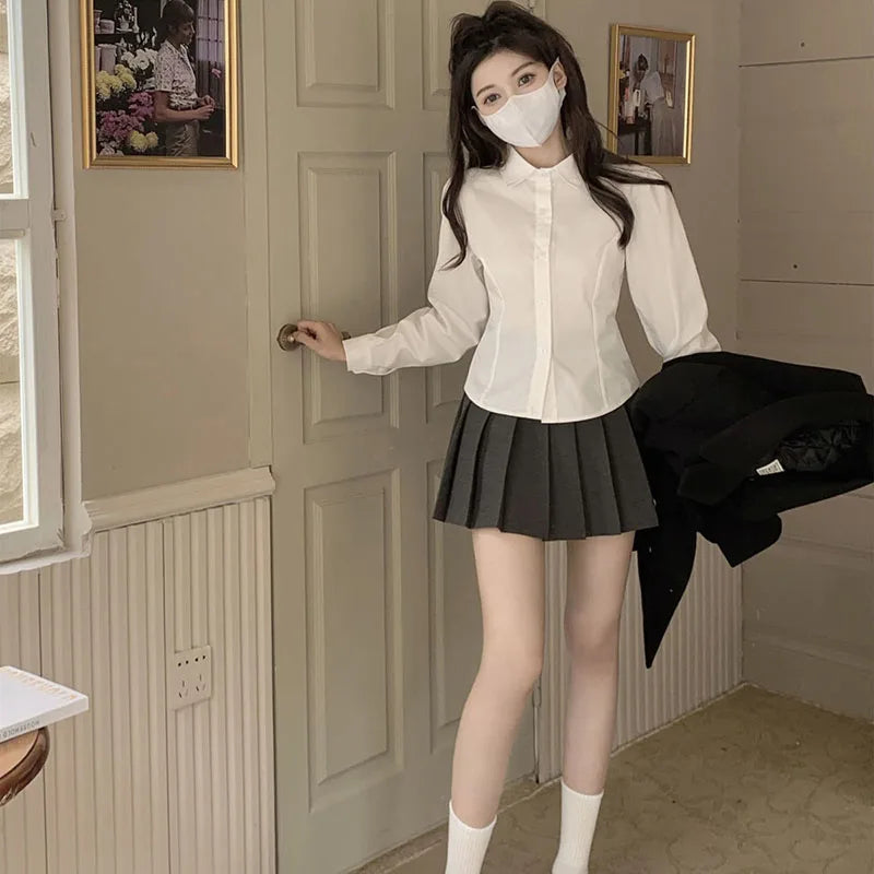 Korean Style White Shirt - Back Lace-Up Detail Shirt for Women