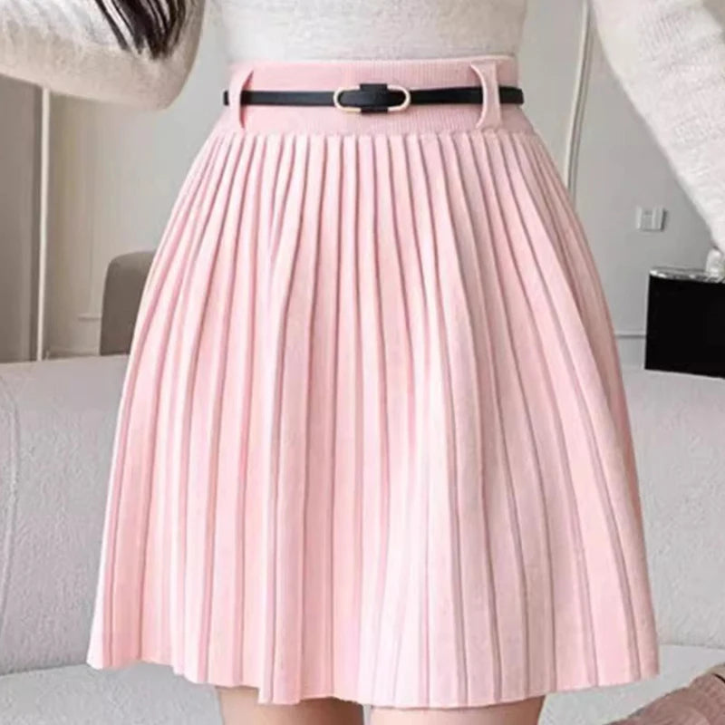 Korean Style High-Waisted A-Line Mini Skirt - Women's Knitted Pleated Skirt