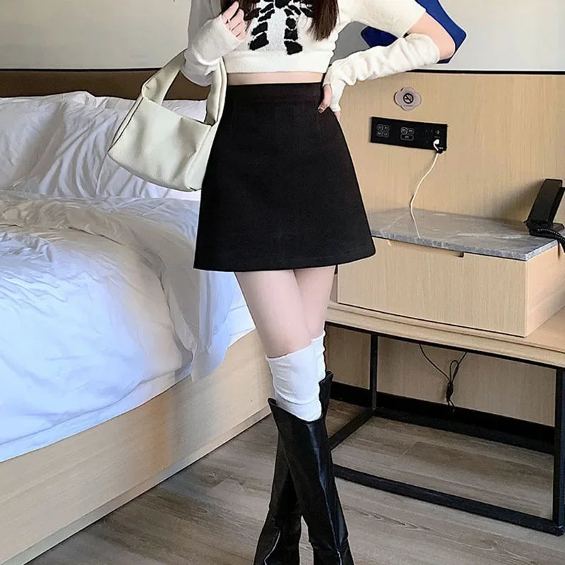 Korean Style High Waist Woolen Mini Skirt - A-Line Bodycon Skirt with Zipper